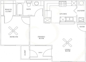 A floor plan of a house with a living room, dining room, kitchen, and bedrooms.