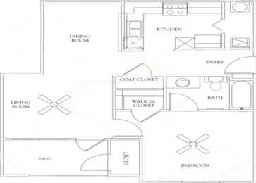 A floor plan of a house with a living room, dining room, kitchen, entry, coat closet, bath, bedroom, and pato.
