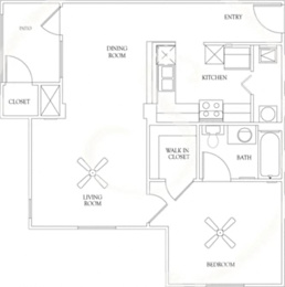 A floor plan of a house with a living room, dining room, kitchen, bath, and bedroom.