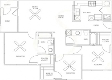 A floor plan of a house with a living room, dining room, kitchen, and four bedrooms.