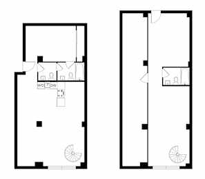 A floor plan of a two-story building with a living room, kitchen, and bathrooms.