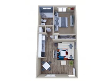 a stylized floor plan with a bedroom and a living room