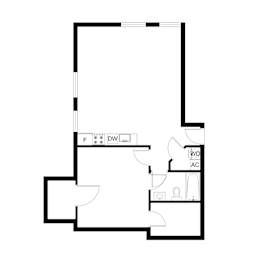 A floor plan of a house with a kitchen, living room, dining room, and two bedrooms.