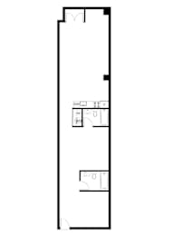 A floor plan of a room with a kitchen area and a bathroom.