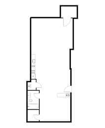 A drawing of a room with a door, a window, and a fireplace.