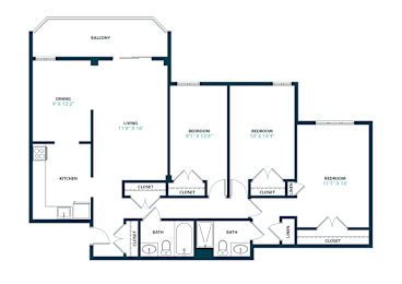 A floor plan of a house with a balcony, two bedrooms, a living room, a dining room, a kitchen, and two bathrooms.