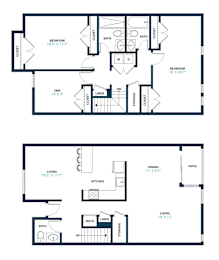 A floor plan of a two-bedroom apartment with a living room, dining room, kitchen, and bathroom.