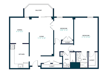 A floor plan of a house with a balcony, two bedrooms, a living room, a kitchen, and two bathrooms.