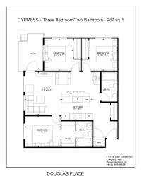 A floor plan for a CYPRESS apartment with three bedrooms and two bathrooms.