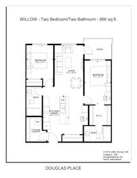 A floor plan of a two bedroom, two bathroom apartment.