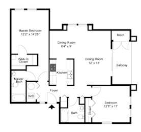 A floor plan of a house with a master bedroom, two dining rooms, a kitchen, a foyer, a bath, and a balcony.