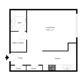 A floor plan of a small apartment with a living room, kitchen, bathroom, and closets.