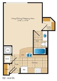A floor plan of a D2 - Unit 0A apartment with a living/dining/sleeping area, kitchen, bath, and foyer.