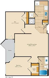 A floor plan of a one bedroom apartment with a living/dining area, bedroom, and bathroom.