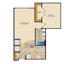 A floor plan of a house with a living area, dining area, kitchen, and bathroom.
