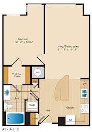 A floor plan of a unit with a bedroom, living/dining area, kitchen, bath, and closet.