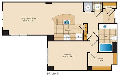 A floor plan of a one bedroom apartment with a living/dining area and a bedroom.