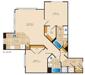 A floor plan of apartment D4-Unit 20 with dimensions and room labels.
