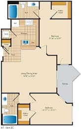 A floor plan of an apartment with two bedrooms, a living area, and a kitchen.