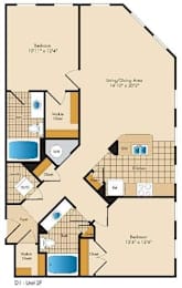 A floor plan of a two-bedroom apartment with a living/dining area, kitchen, and bathroom.