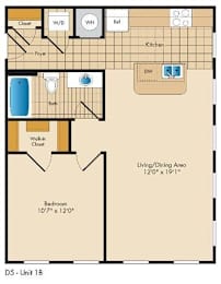 A floor plan of a one bedroom apartment with a living/dining area and a bedroom.