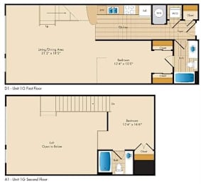 A floor plan of a two-story apartment with dimensions and room labels.