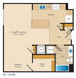 A floor plan of a apartment with a living/dining area, kitchen, and sleeping alcove.