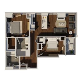 a 3d floor plan with a bedroom and a kitchen