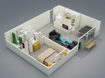 an isometric view of a bedroom with a bed and a desk