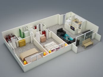 a 3d floor plan of a bedroom and living room
