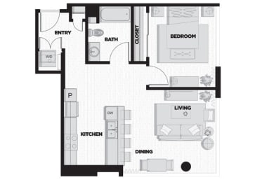 a floor plan of a small apartment with a bedroom and a living room