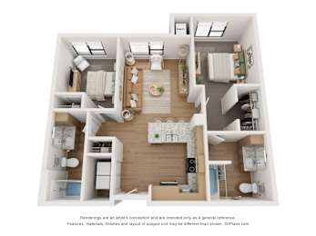 A 3D floor plan of a house with a kitchen, living room, and bathrooms.