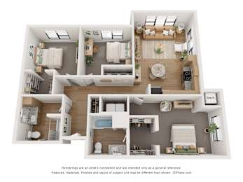A 3D floor plan of a house with a kitchen, living room, and bathrooms.
