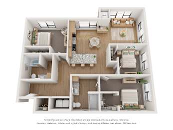 A 3D floor plan of a house with labeled rooms.