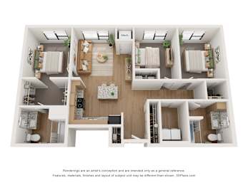 A 3D floor plan of a house with a kitchen, living room, and two bedrooms.