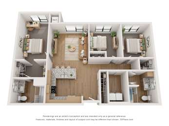 A 3D floor plan of a house with labeled rooms.