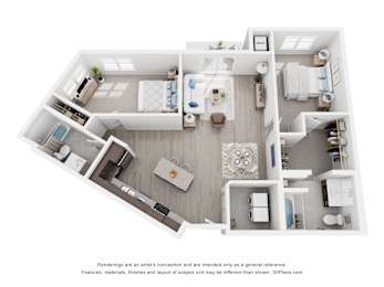 a stylized floor plan with a bedroom and a living room