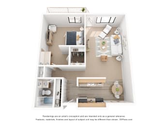 a stylized floor plan with a bedroom and living room