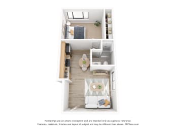 a stylized floor plan with a bedroom and a living room