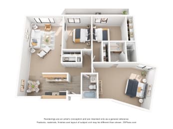 a stylized floor plan with a bedroom and living room