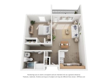 a stylized floor plan of a 1 bedroom192 sq ft
