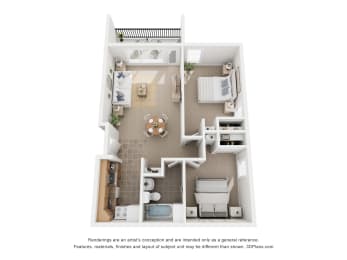 a stylized floor plan of a 1 bedroom apartment