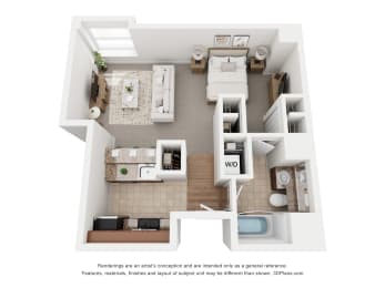 a stylized floor plan of a 1 bedroom apartment