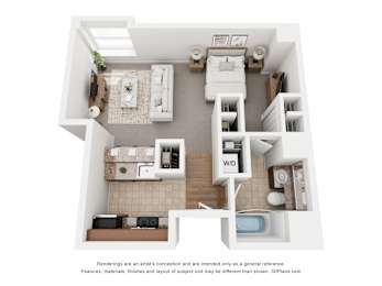 A 3D floor plan of a small apartment with a kitchen, living room, and bathroom.