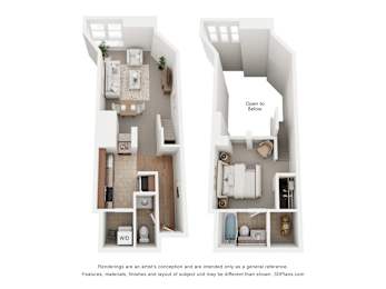 A floor plan of a two-bedroom apartment with a living room, kitchen, and bathroom.