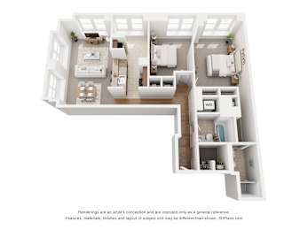 A 3D floor plan of a house with a kitchen, living room, and bedrooms.