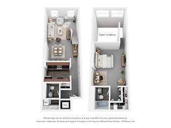 a stylized floor plan of a 1 bedroom apartment