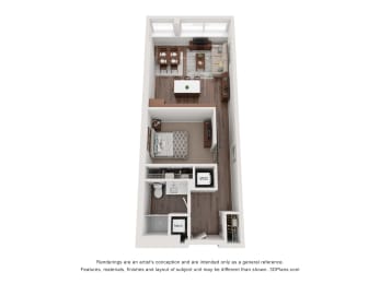 a stylized floor plan with a bedroom and a living room