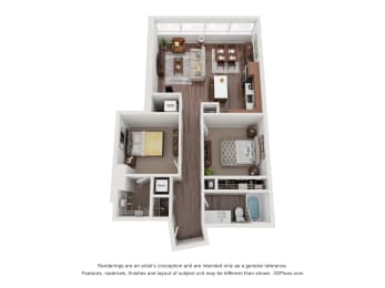 a stylized floor plan with a bedroom and a living room