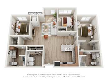 A 3D floor plan of a house with a kitchen, living room, and bathrooms.